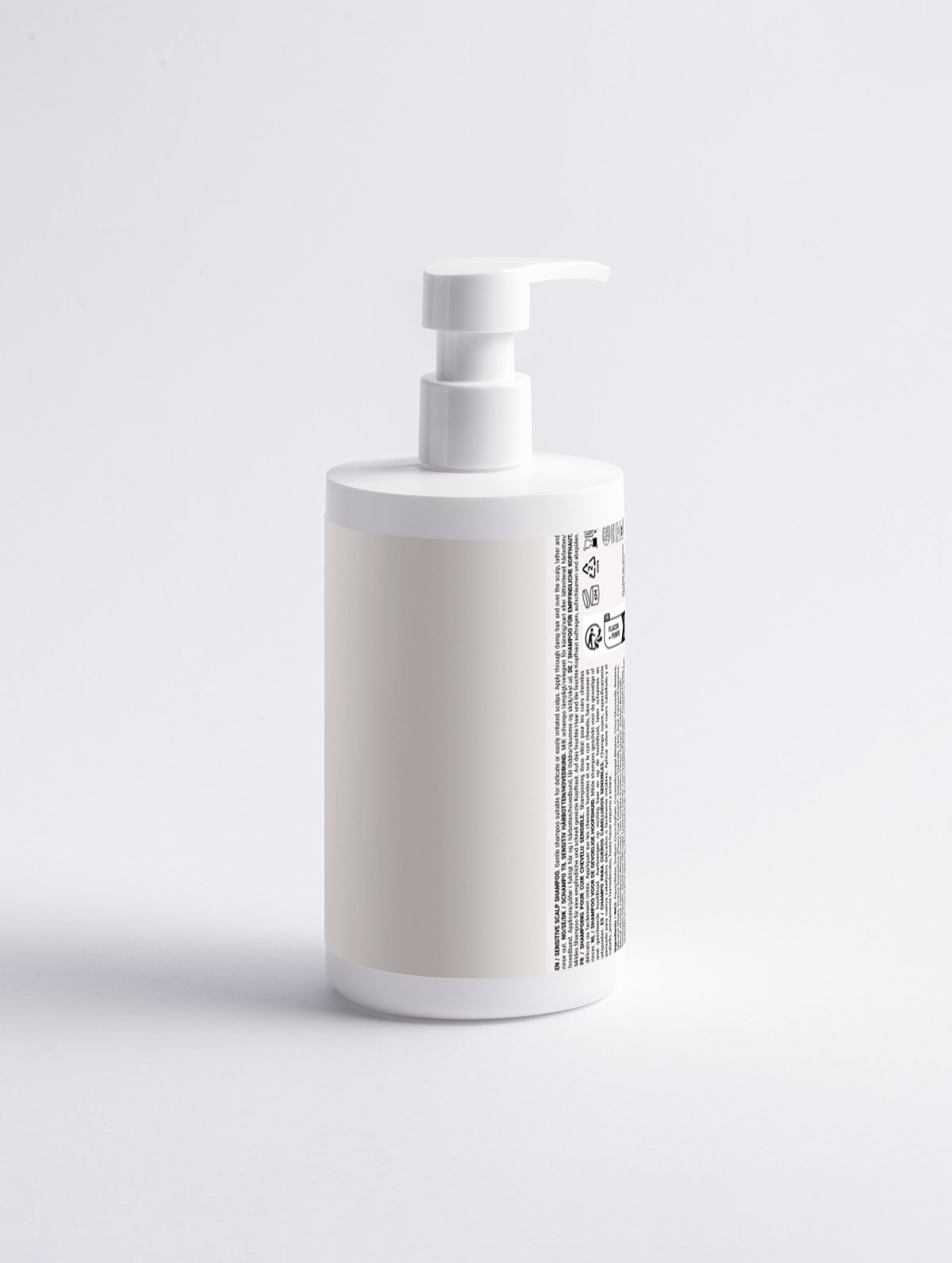 White pump bottle with minimalist label for sensitive scalp shampoo, clean design