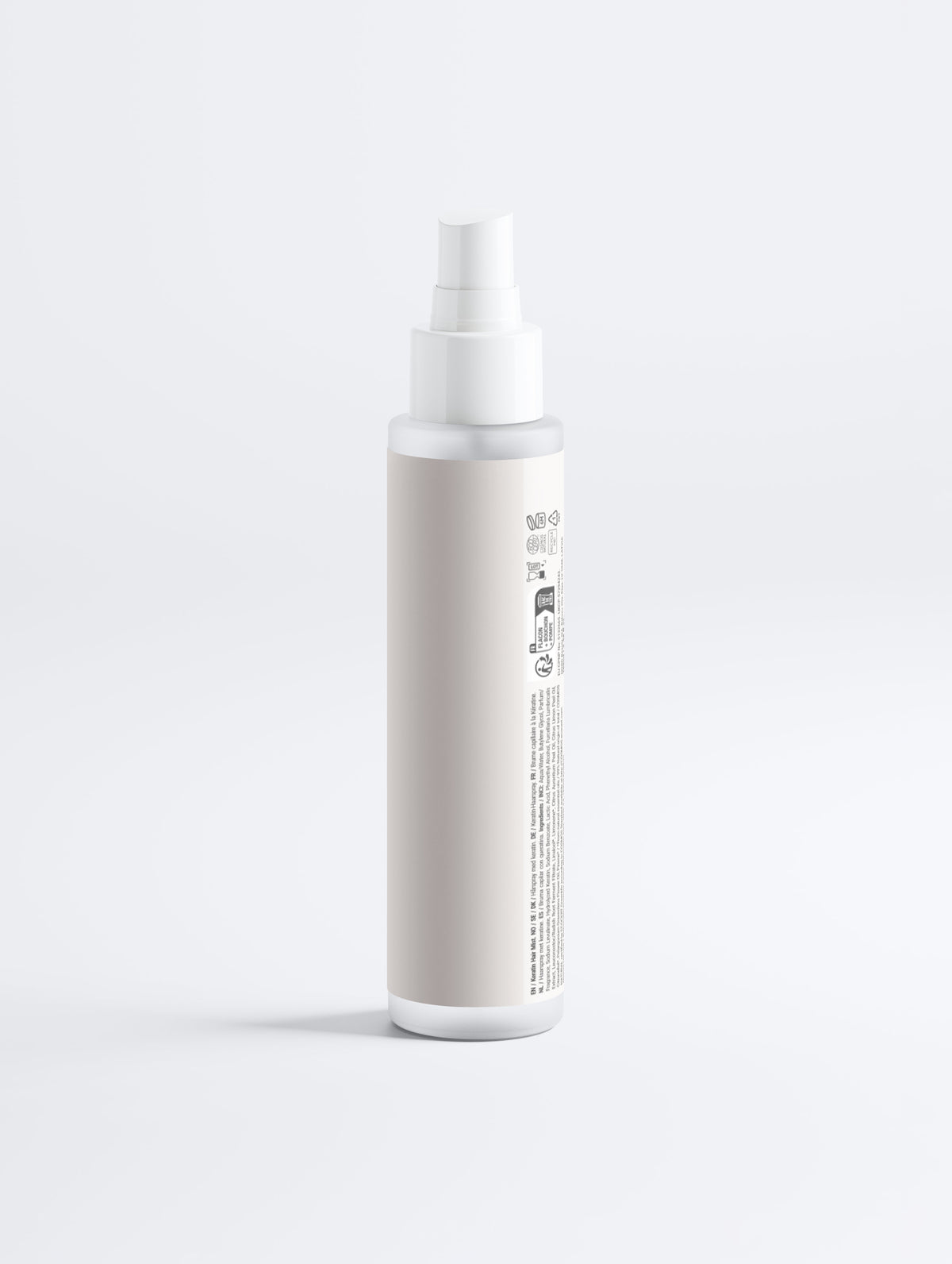 Keratin hair mist spray bottle with minimalist label, professional-grade hair care formula