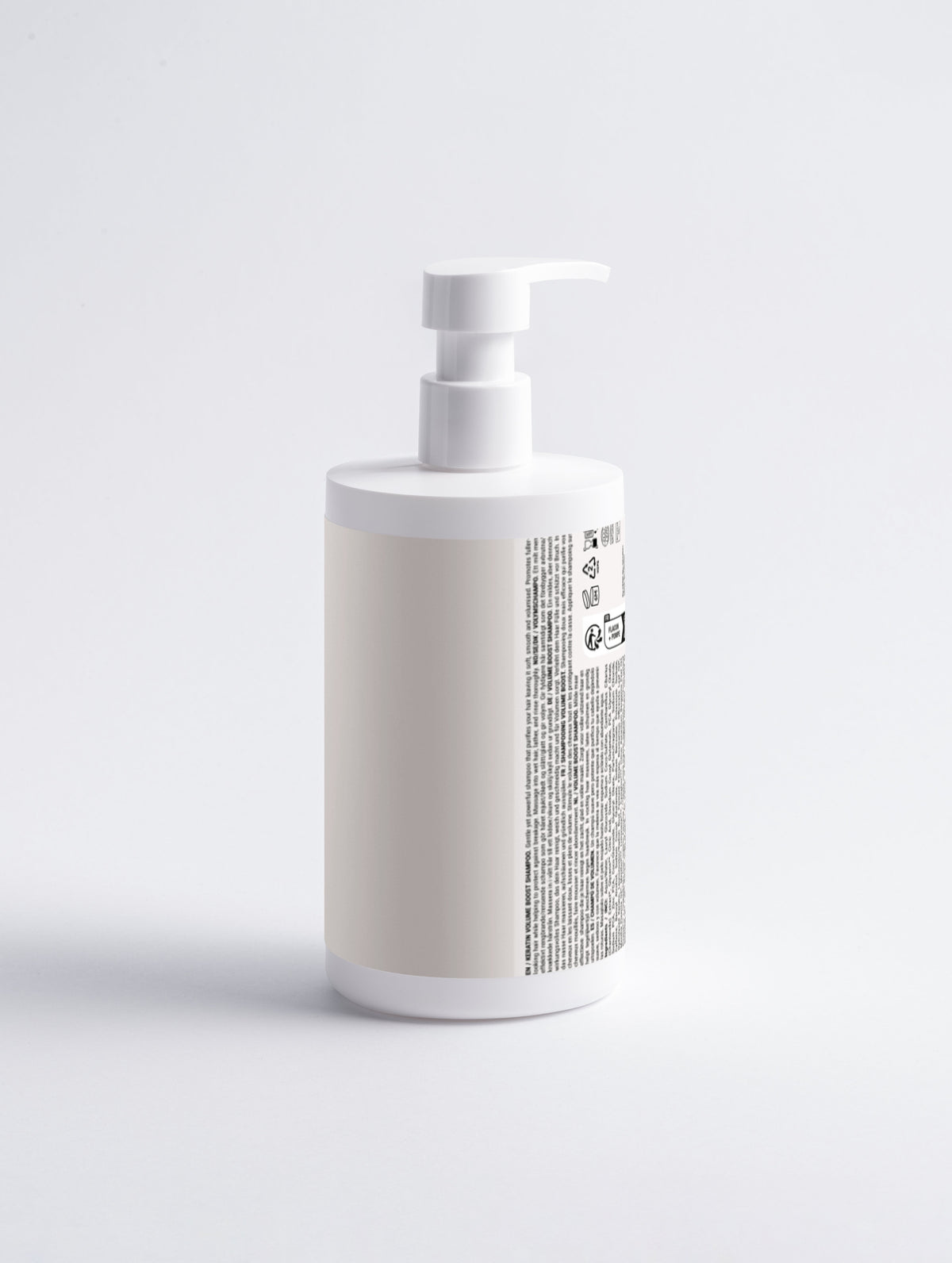 White pump bottle of volume boost shampoo for fine hair, minimalist design on clean background