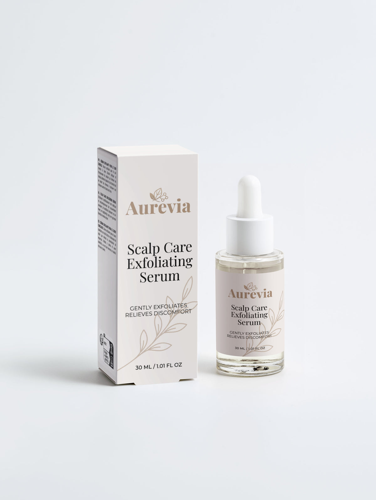 Aurevia Scalp Care Exfoliating Serum bottle and box, gently exfoliates and relieves discomfort