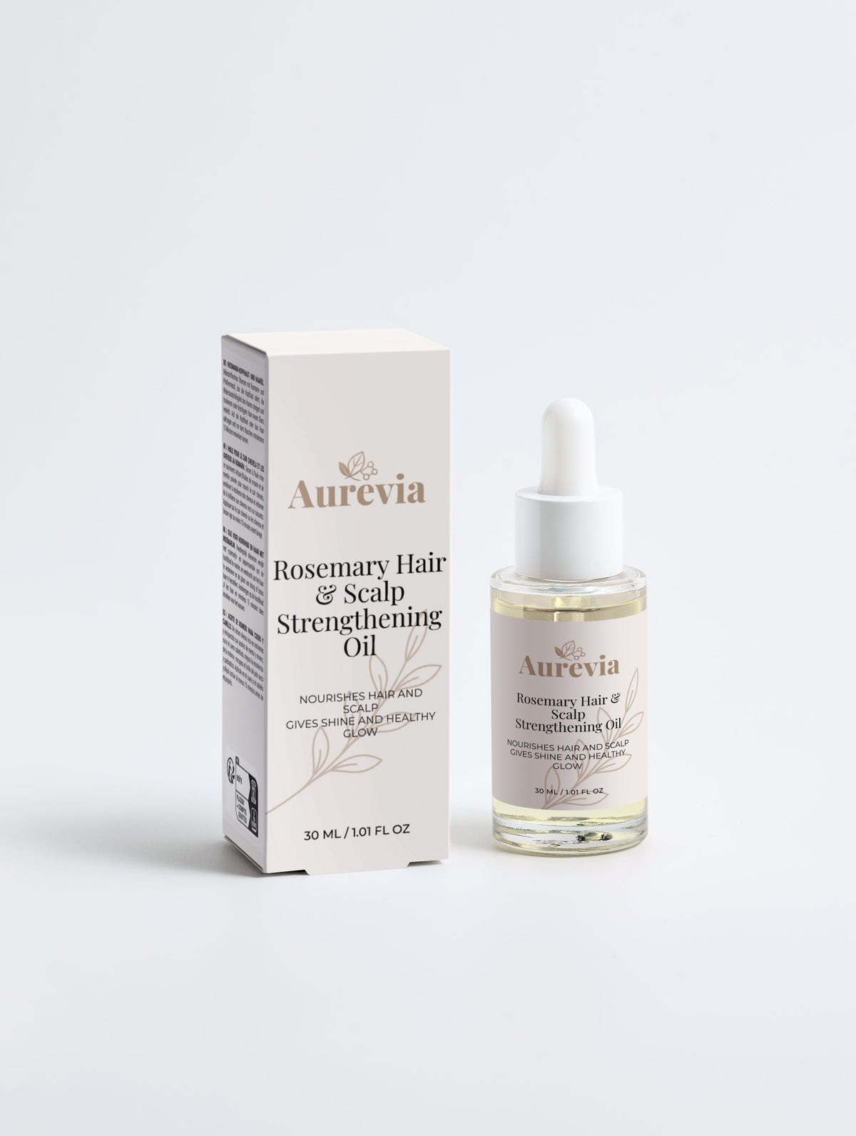 Rosemary Hair & Scalp Strengthening Oil in glass bottle with dropper, nourishes hair and scalp for shine and healthy glow