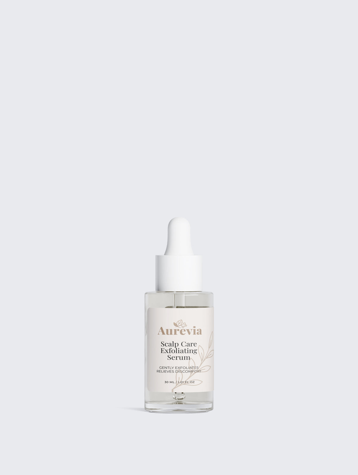 Aurevia Scalp Care Exfoliating Serum bottle with dropper, gently exfoliates for scalp relief