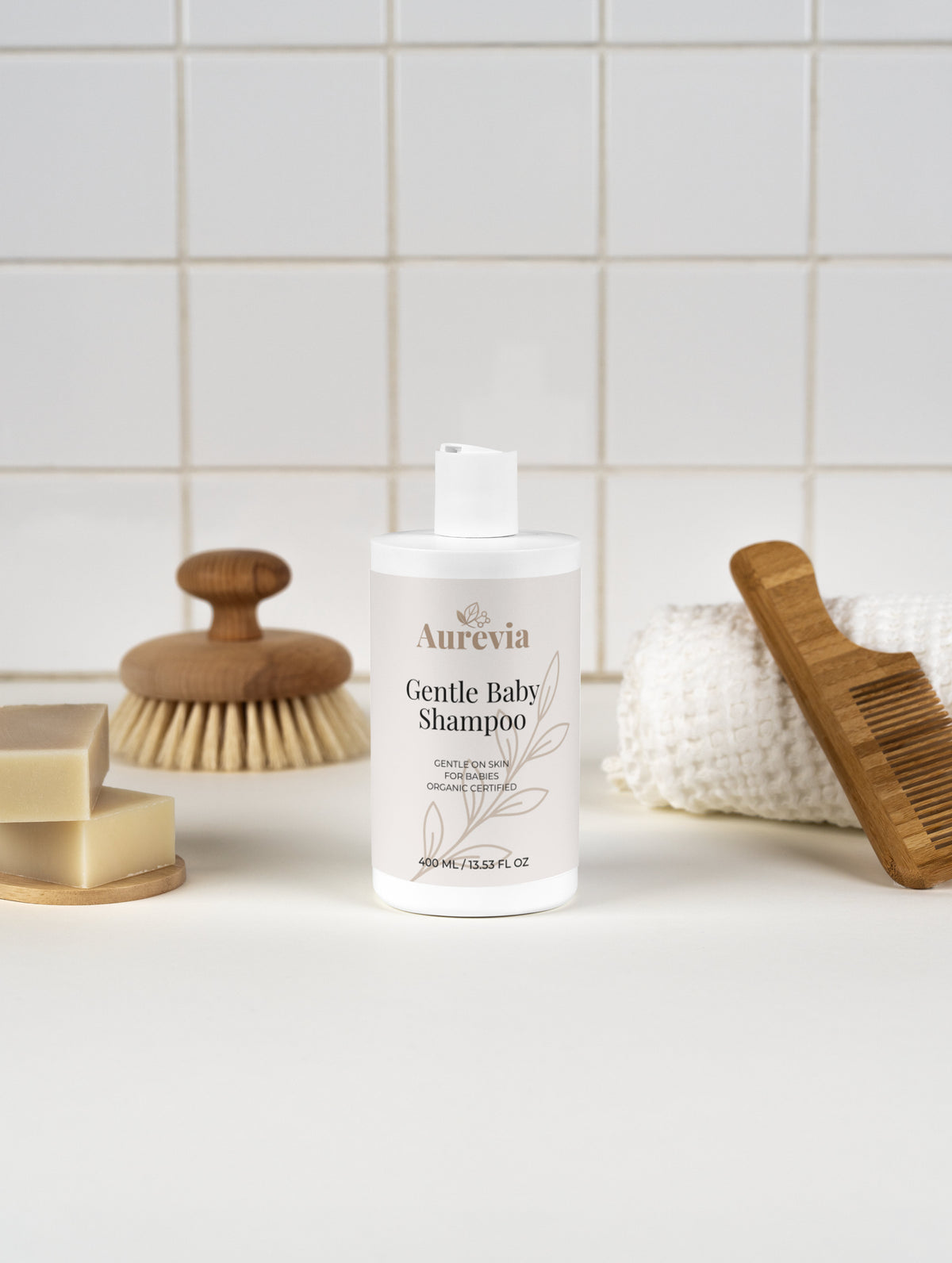 Gentle baby shampoo bottle with organic certified label, surrounded by wooden brush, soap bars, and towel on white tiled background