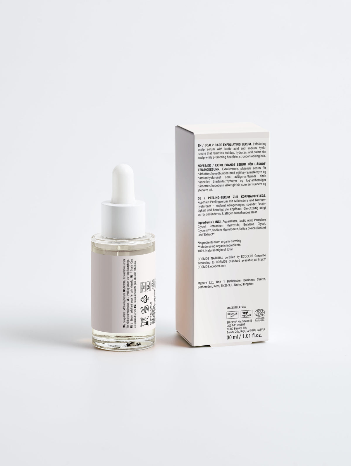 Scalp care exfoliating serum with dropper bottle and packaging, featuring lactic acid and sodium hyaluronate for healthier hair